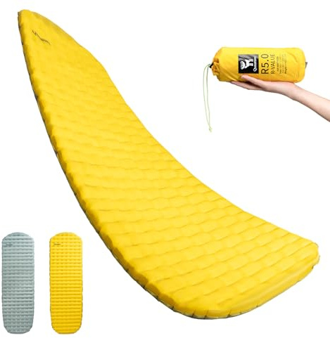 Qunature Uppblåsbar campingmadrass 5,1 värde R - 4 säsonger ultralätt 490 g, 8 cm tjock, isolerande -20 °C, kompakt och hållbar liggmatta för vandring, vandring, vandring, gul, L