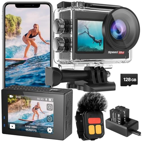 Hiicam Action Cam 4K60FPS 40MP WiFi Caméra sous-Marine 40M Étanche Ultra HD Écran Tactile Action Cam 170° Ultra Grand Angle Stabilisation EIS Zoom 5X Télécommande 128G et 2 Batteries 1350mAh
