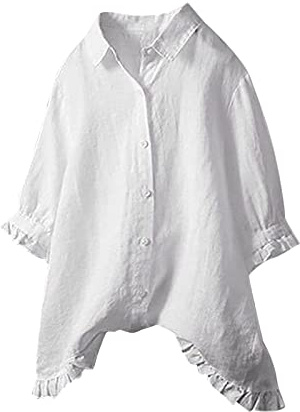 Generisch 2025 - Blusa suelta con botones para mujer, cuello de manga fija, camisa larga casual para mujer, blusa de algodón y lino a cuadros para mujer 50, Blanco, XL