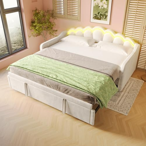 Rvjiahe Letto con letto estraibile, divano letto, letto singolo (senza materasso), letto matrimoniale, velluto, strisce LED intercambiabili, 90 x 200 cm (beige, 90 x 200 cm) (180 x 200 cm) (beige, 90
