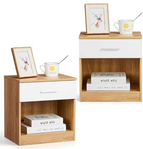 TactFire Table de Chevet Lot de 2, Table de Nuit, Commode Chambre | avec 1 Tiroir, Convient pour Salon, Chambre, 39 x 29 x 41 cm (2, Chêne & Blanc)