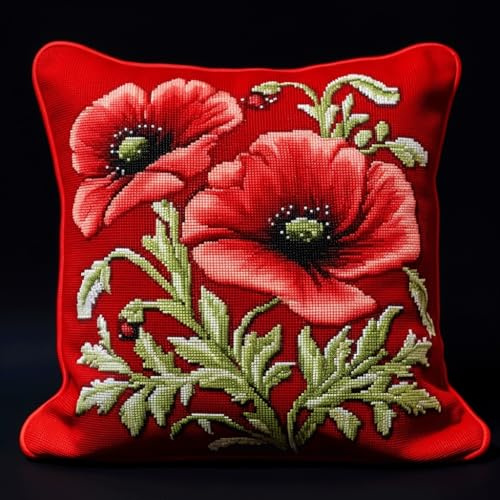 Taxpy Kit Gancio Di Chiusura Cuscino Fiori rossi Kit Ricamare Cuscini Federa Kits Da Ricamo Con Gancio Per Cuscino, Materiali per Cuscini All'uncinetto 43x43cm
