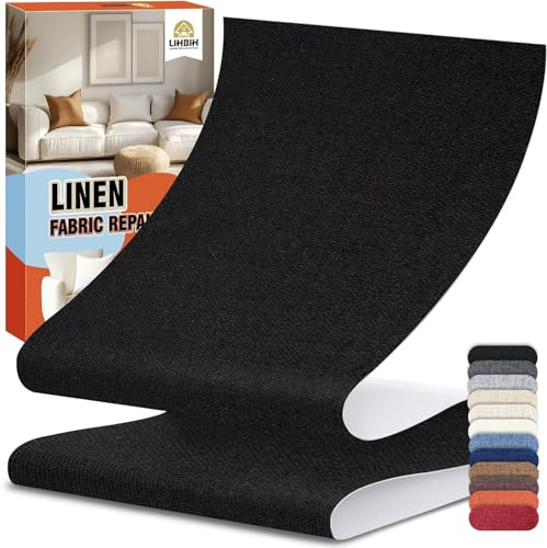 Tela Adhesiva para Tapizar Autoadhesivo 12x160 cm, parches para tela adhesiva Negro, Kit de Reparación de Parche de Lino para Sofa, Muebles, Sillas, Cortina, Cojines, Cabeceros
