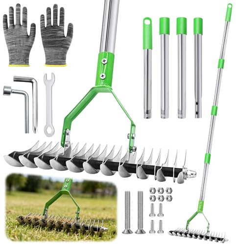 TZEKING 163cm Rastrello Sarchiatore con Manico Rimovibile,Cultivatore a Mano da Giardino a Manico Lungo Regolabile,Rastrello per Prato,Aeratore Doppio per Pulire l'Erba Morta