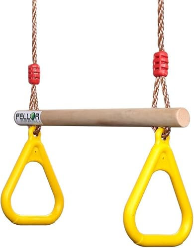 PELLOR Altalena Trapezio in Legno Multifunzionale per Bambini con Anelli da Ginnastica in Plastica per Appendere Portata Fino a 160 kg (Giallo)