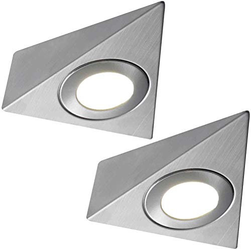 2 Pack | *240V Mains* LED Triangle Under Cabinet Kitchen Spotlights | Brushed Nickel & Natural White | Surface Mounted Light Fittings | Cupboard Worktop Counter Unit Lighting Kit | Loops