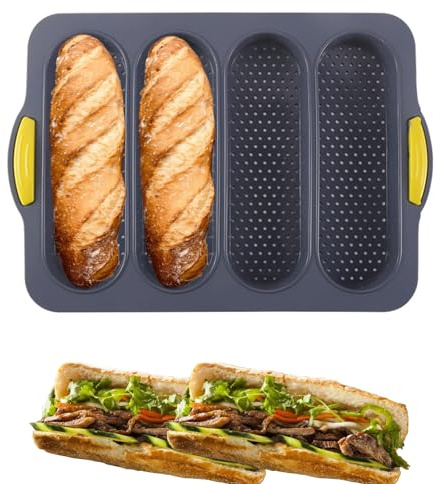 atrccs 4-cavity Silicone Bread Loaf Pan, Nonstick Sourdough Loaf Pan & Heat Resistant Baguette Bread Pan, Bread Pans for Homemade Bread, Silicone Molds for Baking Hoagie Rolls, Sandwich, Hot Dog Buns