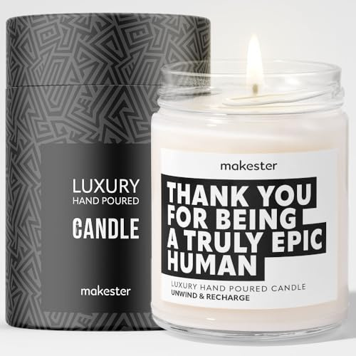Thank You Candle - 220 g de cire de soja avec vanille, jasmin et amande sucrée de Madagascar - Bougies cadeaux pour femmes, enseignants, collègues et amis pour Noël - Bougies amusantes de Makester