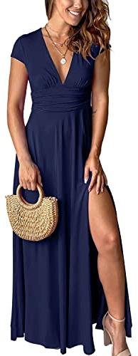 QUNERY Vestido Largo Mujer Manga Corta Vestido Mujer Verano Elegante Vestidos Cuello en V Dividido Verano para Fiesta en la Playa Azul y Negro S