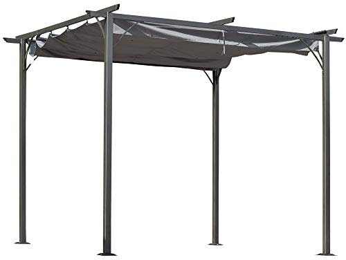 Outsunny Pergola retrattile 3L x 3L x 2,30H m struttura in metallo epossidico anticorrosione nero + tessuto in poliestere grigio ad alta densità incluso