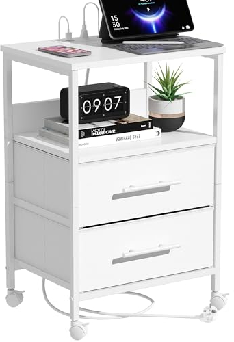 MYGIIVOVO Nachttisch mit Ladestation, Nachttisch mit Steckdosen und USB Anschlüssen, Sofa-Beistelltisch, mit Metallrahmen und Stoffschubladen, für Schlafzimmer (Weiß, 30cm(D)*40cm(W)*60cm(H))