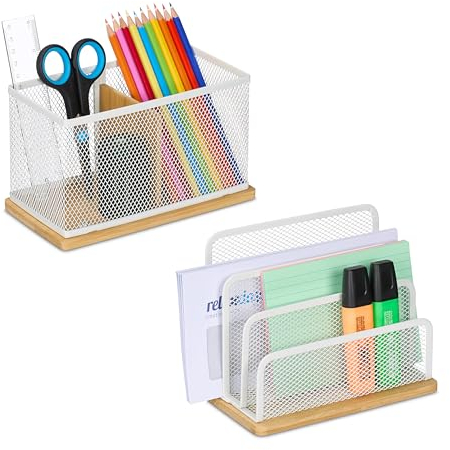 Relaxdays Schreibtisch Set 2-TLG, Metall, Briefständer & Stiftehalter, Büro-Organizer, Bambus, weiß/Natur