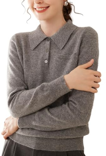 DISSA Women Cashmere Jumper Grey Lapel Knitted Jumper Long Sleeve Relaxed Cashmere Wool Thin Pockets Ladies Sweater,UK 14,SH509