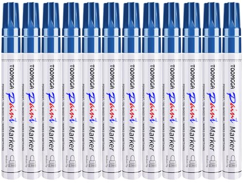 Permanent Paint Pens Blue Paint Markers 12 Pack Oil Based Markers, Quick Drying and Waterproof Marker Pen, Car Tire, Metal, Rock Painting, Wood, Plastic, Canvas, Craft Supplies for Adults