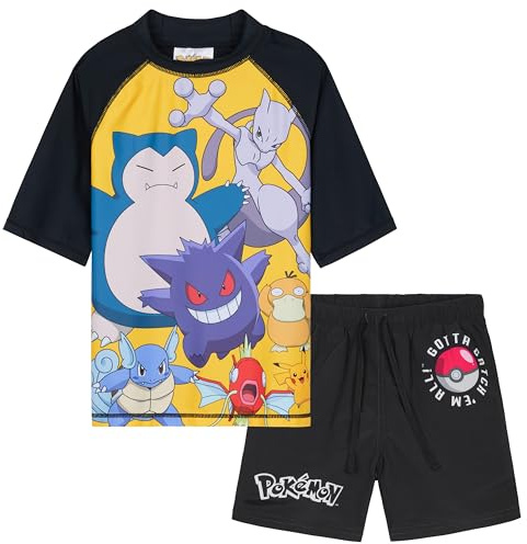 Get Trend Pokemon Ensemble de Bain Garçon et Ado 2 Pièces avec Short de Bain Pikachu et T-shirt Plage Piscine Vacances (9-10 Ans, Noir Pokemon)