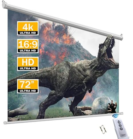 72inch Motorized Projector Screen with Remote Control, Ceiling or Wall Mount, 16:9 HD 4K, 179° Wide Viewing Angle, Projector Movie Screen for Home Theater, Media Room