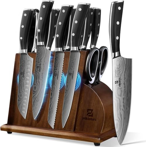 Piklohas Knife Sets for Kitchen with Block, 17 Pieces with Magnetic Knife Holder, German High Carbon Stainless Steel Damascus Pattern Chef Knife Set