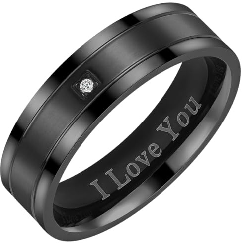 Willis Judd I Love You Mens Ring In Wooden Gift Box 7mm Black Titanium Ring for Men Wedding Band Ring Mens Engagement Ring Groove Promise Ring Comfort Fit Size S