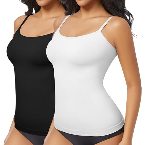 ONEW Shapewear Lot de 2 débardeurs gainants pour femme avec bretelles spaghetti, bretelles de compression, sans coutures, noir et blanc, Noir/blanc, XL