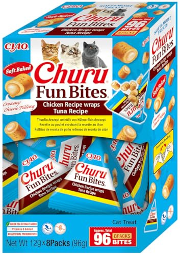 Churu Fun Bites by INABA Cat Treat - Chicken with Tuna - 1 Pack (8 x 12g) / Soft Baked Pouches with Creamy Filling, Delicious & Healthy Snack for Cats, Training Treat, Natural, Grain Free