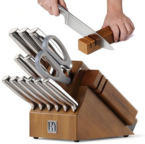 KnifeSaga Knife Block Set with Two-stage Sharpener, 14-Piece | Razor Sharp Japanese Stainless Steel Kitchen Knives with Ergonomic Handles