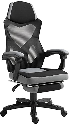 Vinsetto Sedia da Ufficio Ergonomica con Poggiapiedi Retrattile e Schienale Alto, Sedia da Scrivania Girevole Reclinabile con Supporto Lombare, Altezza Regolabile, in Tessuto a Rete, Grigio