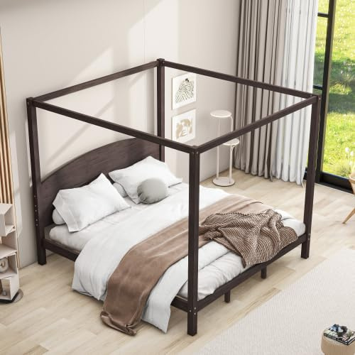 Harper & Bright Designs Modern King Size Canopy Bed Frame with Headboard and Support Legs, Wood Four Poster Canopy Platform Bed for Teens Adults, No Box Spring Needed, Brown Wash