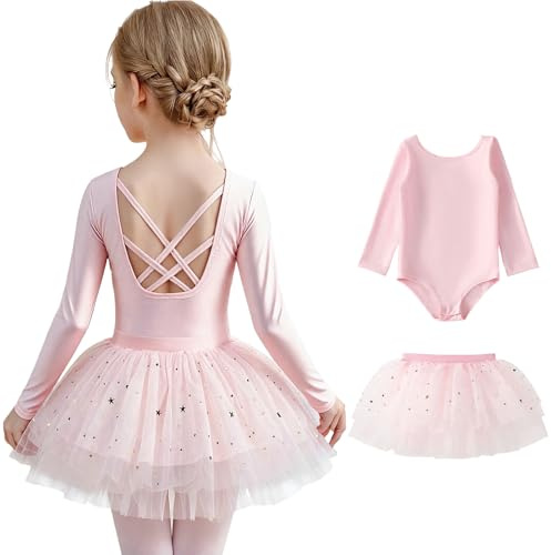 Tutu.kk Girls Ballet Leotards with Removable Tulle Skirt Long Sleeve Crisscross Back Dance Dress Outfit for Toddler Girls Ballet Pink 6-7T