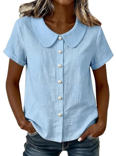Chemisier Femme Été Manches Courte Col à Revers Coton et Lin T-Shirt pour Perle Boutonnées Couleur Uni Rétro Tunique Haut Chic Soirée Business Tops et Élégant Marche Blouses
