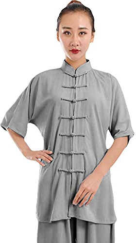 ZooBoo Unisex Cotton Blend Short Sleeves Tai Chi Suit Morning Exercise Uniform Kung Fu Clothing (XXXL, Gray)