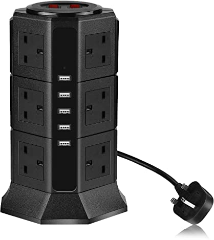 PRITEK 12 Outlets Extension Lead + 5 USB Ports (Black)