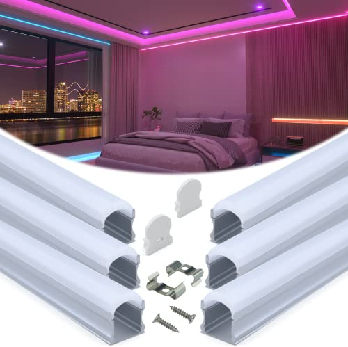 Muzata 6Pack 3.3FT/1M Excellent Spotless LED Channel with Thicker Milky White Cover No Hot Spots Sliver Deeper LED Strip Diffuser Channel U108 WW 1M