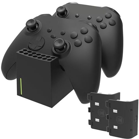 snakebyte TWIN:CHARGE SX - schwarz - Schnellladestation für Xbox Series S/X Controller, Ladegerät für 2 Wireless-Gamepads, inkl. 2x 800mAh Akkus, LED-Ladestatusanzeige, Xbox-Design