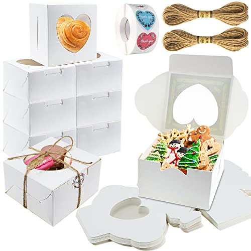 LBING Cupcake Box Kraftpapier Geschenkboxen Karton Mit Sichtfenster Herzförmige Cupcake Boxen 24 STK Mit Aufkleber und Seil für Keksschachtel Mehlspeisenkarton Dessert Cupcakes Kraftpapier Box (Weiß)