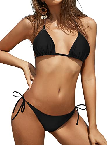 SHEKINI Womens Bikini Set Triangle Halter Lace-up Swimsuit Sexy Bathing Suits Low Waisted Tie Side Bottom Two Piece Swimwear, Black, Medium