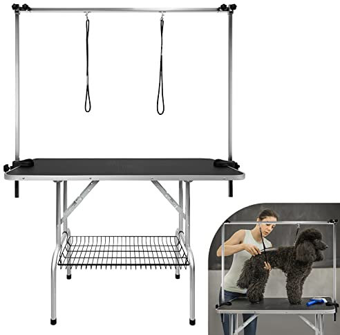AufuN Trimmtisch für Hunde Schertisch, 113x60x76 cm Stabil Hundepflegetisch mit höhenverstellbarem Galgen und 2 Schlingen, Klappbar, Hunde Badetisch, Pudel Fellpflege, bis 100 KG