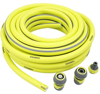Ferrestock Manguera de Jardín de 15 Metros, 5/8 de grosor (15,8mm), Antitorsión, PVC Flexible con Refuerzo de Poliéster, 3 Capas, Resistente a los Rayos UVA, Antialgas, Incluye Accesorios