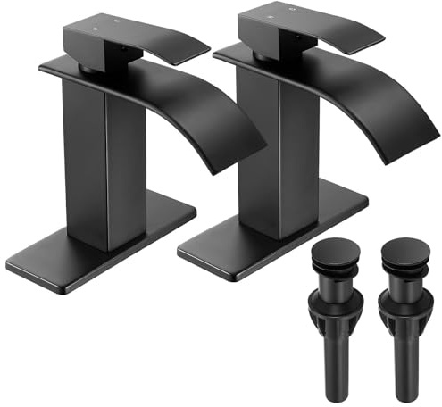 FRANSITON Black Waterfall Bathroom Faucet Lavatory Single Handle 1 or 3 Hole Bathroom Sink Faucet Washbasin Faucet with Deck and Pop-up Drain (Matte Black- Set of 2, Short)