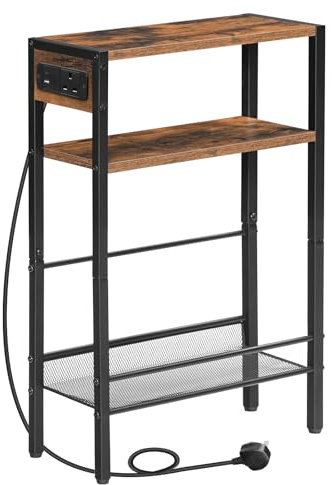 HOOBRO Slim Side Table with Charging Station, Narrow Bedside Table for Small Spaces, 3-Tier End Table with USB & Type-C Ports, Rustic Brown and Black EBF102KBZ01