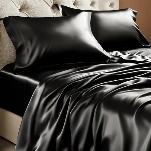 BEDELITE Satin Sheets Twin Size Bed Set, Black, 3 Pieces