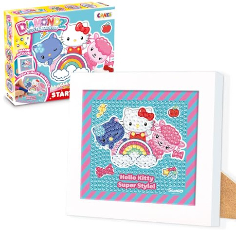 DIAMONDZ - Kit de démarrage Hello Kitty, tableau de peinture diamant avec cadre en bois et outils inclus, Diamond Painting