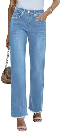 Roskiky Baggy Jeans Straight Leg Jeans Women High Waisted Stretchy Frayed Raw Hem Loose Denim Pants Mom Jeans