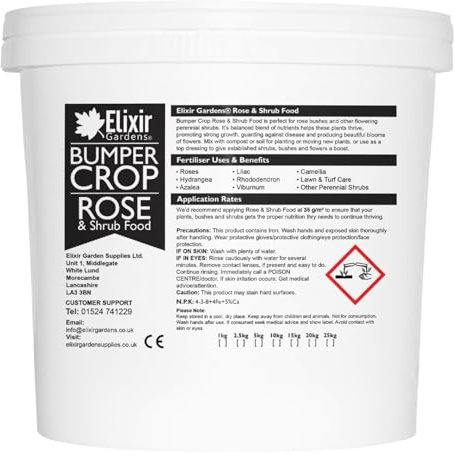 Elixir Gardens Bumper Crop Rose & Shrub Food | N.P.K: 4-3-8+8Fe | Granular Perennial Flower & Bush Fertiliser with Added Iron & Magnesium for Top Dressing & Planting | 2.5kg Tub
