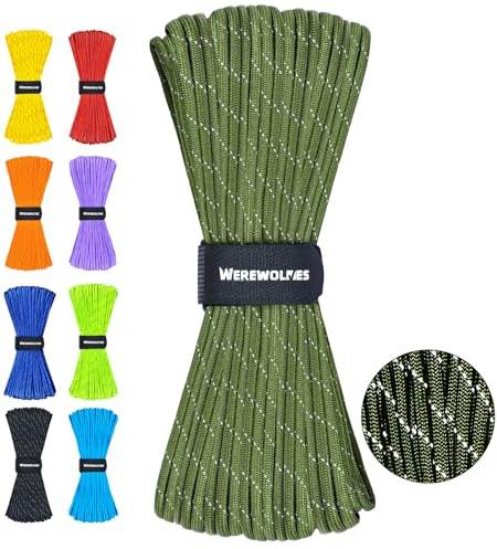 WEREWOLVES Reflective Paracord Rope 7 Strand Type III Parachute Cord 4mm 100ft / 200ft for Tent Camping Hiking Fishing Survival Tactical Clothesline DIY Projects (Army Green, 100FT)