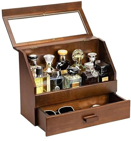 Emfogoo Dofthållare, parfymarrangör för män med låda, trä parfymdisplay för rum, stor kapacitet parfymhållare för presentation av parfymer, smycken och kosmetika (valnötsfärg)
