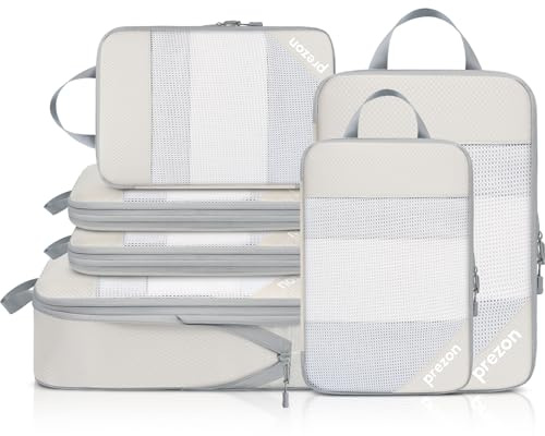 Prezon Versatile 6-Set Cubos de embalaje huecos con compresión, Diseño de malla transparente, Ahorran espacio y son ligeros, Arganizador de equipaje portátil y duradero, Beige