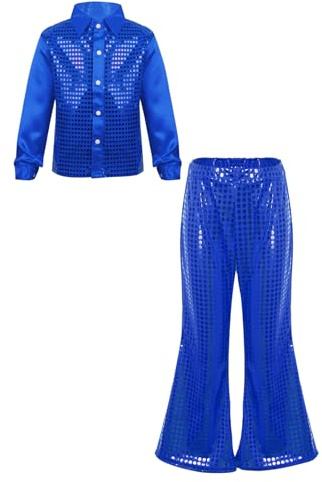 Runhomal Conjunto de Disfraz de Disco para Niña, Conjunto de Ropa y Pantalones de Baile Hip Hop Jazz, Azul, 11-12 años