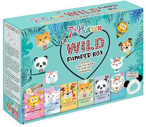 7th Heaven Go Wild Pamper Box Skincare Gift Set - 6 Printed Animal Face Masks and 1 Panda Headband Childrens Gift