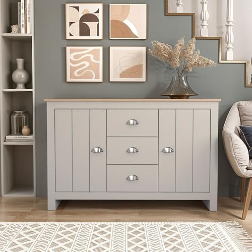 Galano Lexington 2 Door 3 Drawer Sideboard – Storage Cabinet for Living Room & Hallway – 119.0W x 39.8D x 76.4Hcm – Light Grey/Oak