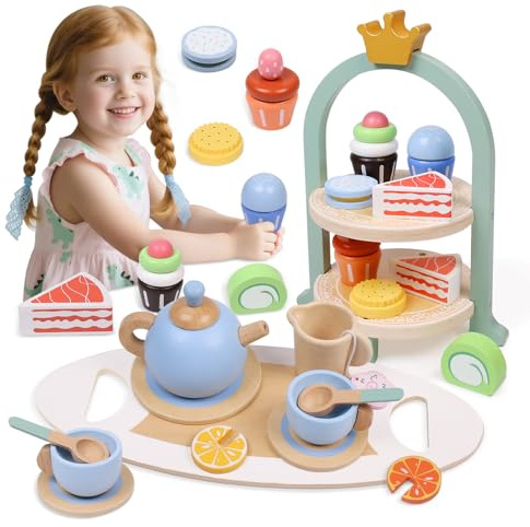 wotoyd 33pcs Wooden Tea Set for Toddlers and Children, Pretend Play Afternoon Tea Party with Play Food, Teapot, and Desserts, Kids Kitchen Accessories Birthday Gift for 3 4 5 Year Old Girls and Boys